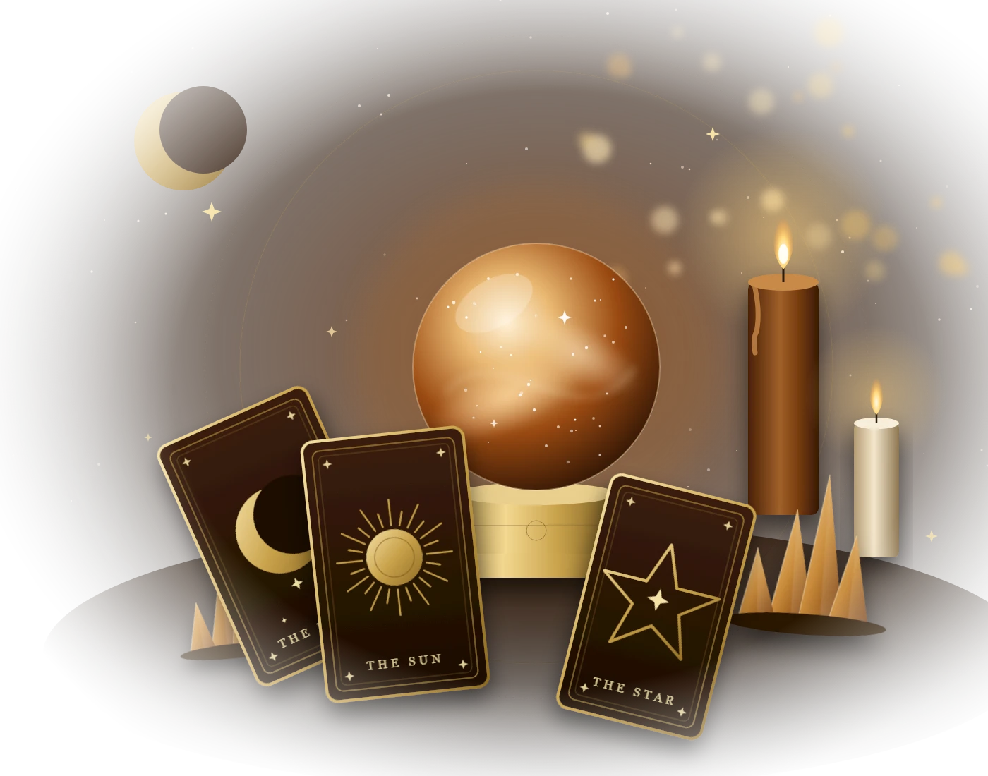 Crystal ball, candles and tarot cards
