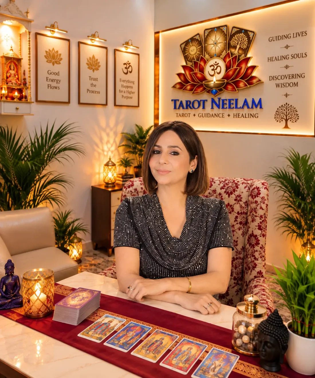 Neelam Bhatta, founder of Tarot Neelam, at her tarot reading table